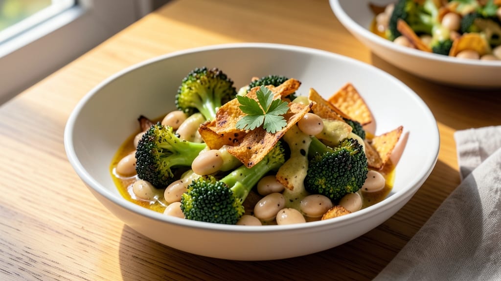 Broccoli and White Bean Caesar Recipe: Crispy Tortilla Crowns Over Creamy Parmesan Base