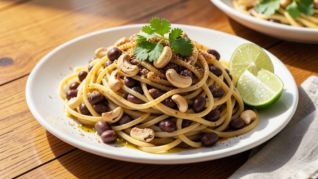 Black Bean Spaghetti Recipe Ideas: Crispy Tortilla Crowns Over Creamy Cumin-Lime Pasta