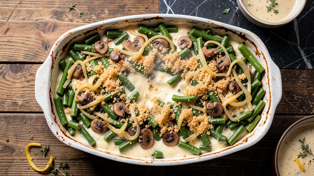 Amish Green Bean Casserole Recipe: Crispy Onion Topping Over Creamy Mushroom Sauce
