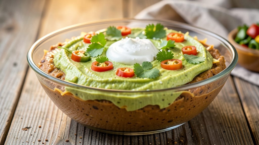 7 Layer Taco Bean Dip Recipe: Crunchy Tortilla Crowns Over Creamy Cumin Cheese Blend
