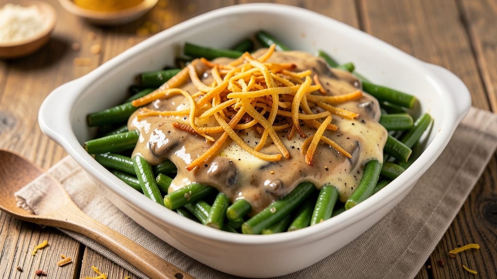Best Fresh Green Bean Casserole Recipe Ever: Crunchy French Fried Onions Over Creamy Mushroom Sauce
