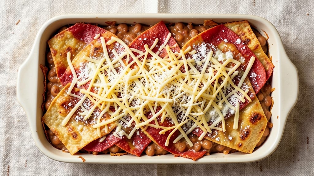 Bean and Cheese Casserole Recipe: Crispy Tortilla Crowns Over Melty Cheese Rivers