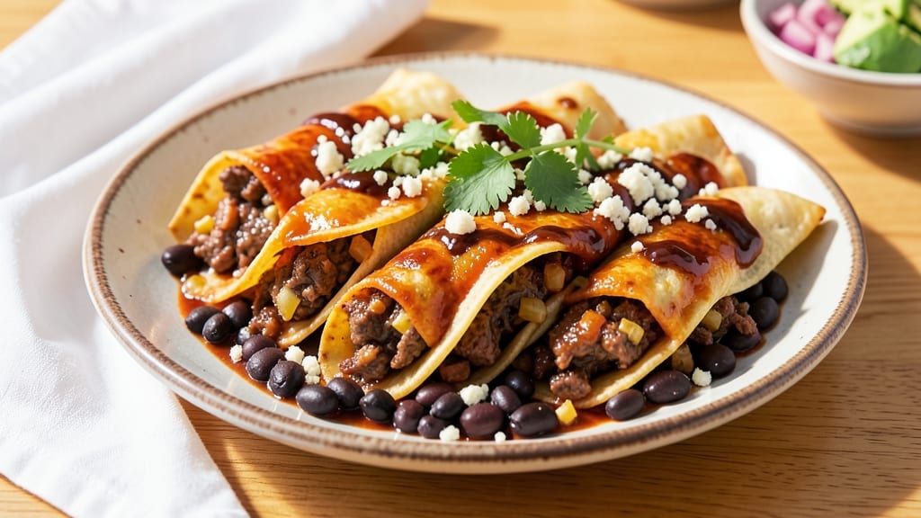 Beef and Black Bean Enchiladas Recipe: Smoky Tortilla Crust With Melted Cheese Rivers
