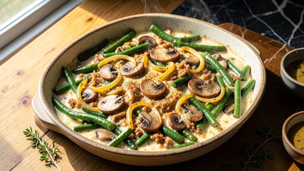Alton Brown's Best Ever Green Bean Casserole Recipe: Crunchy Onion Topping and Creamy Mushroom Sauce Fusion