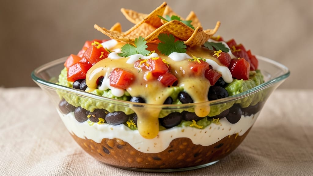 9 Layer Bean Dip Recipe: Crunchy Tortilla Crowns Over Creamy Cumin-Lime Base