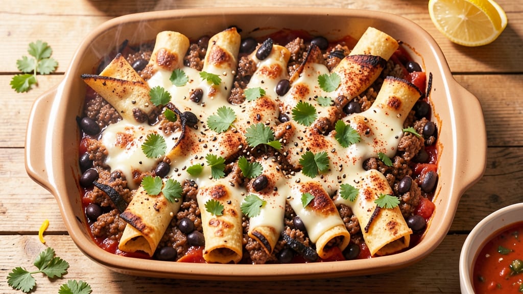 Beef and Black Bean Enchilada Casserole Recipe: Smoky Tortilla-Crusted Cheese Rivers