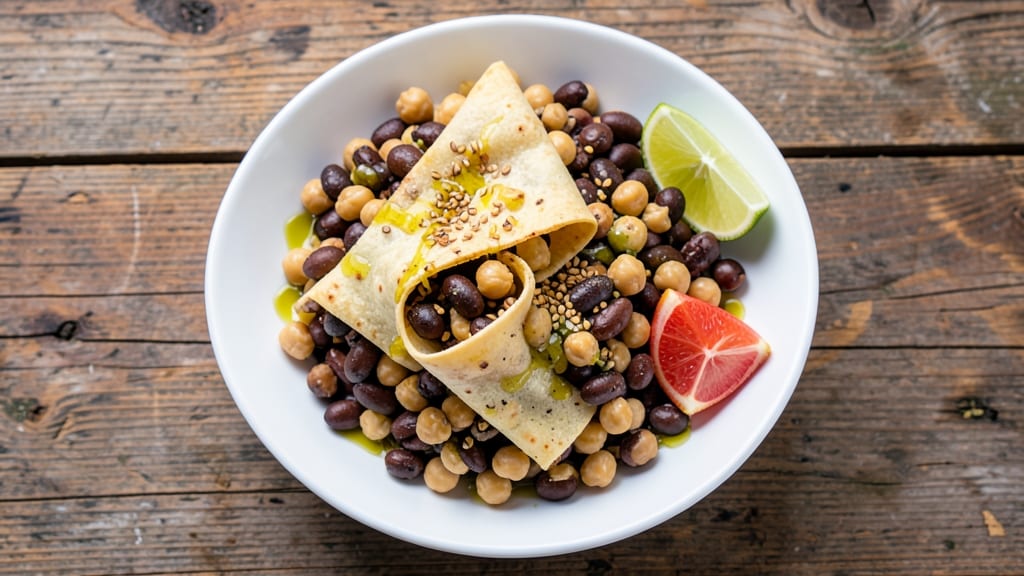 Bean Salad Lunch Recipe: Crunchy Tortilla Crowns Over Creamy Cumin-Lime Beans
