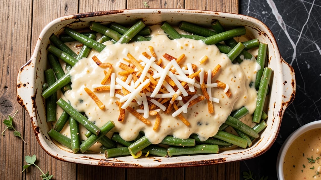 Big Green Bean Casserole Recipe: Cheesy Cream Sauce and Crispy Fried Onion Topping