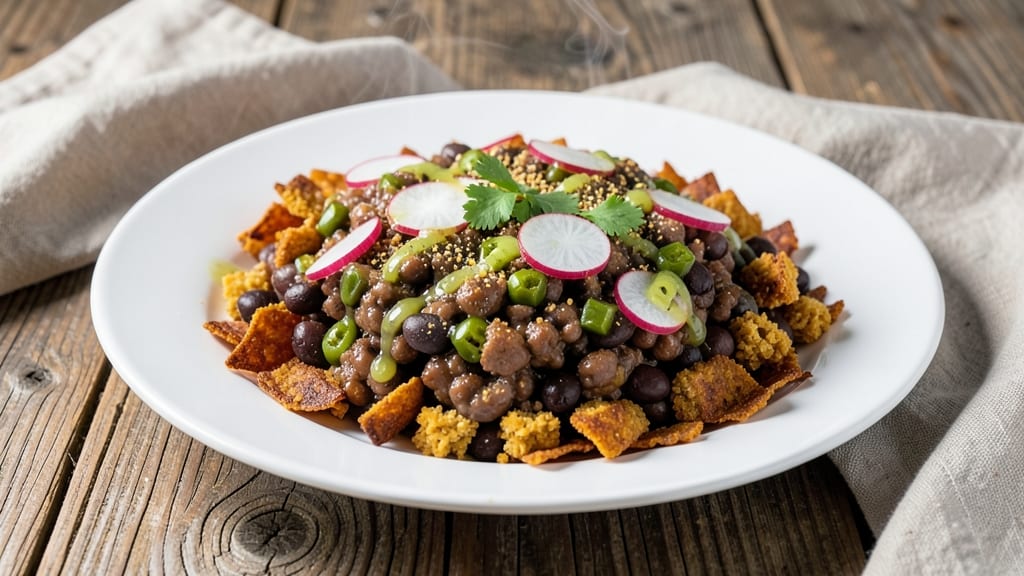 Black Bean Cowboy Caviar Recipe: Charred Tortilla Crunch Over Creamy Cumin-Lime Base