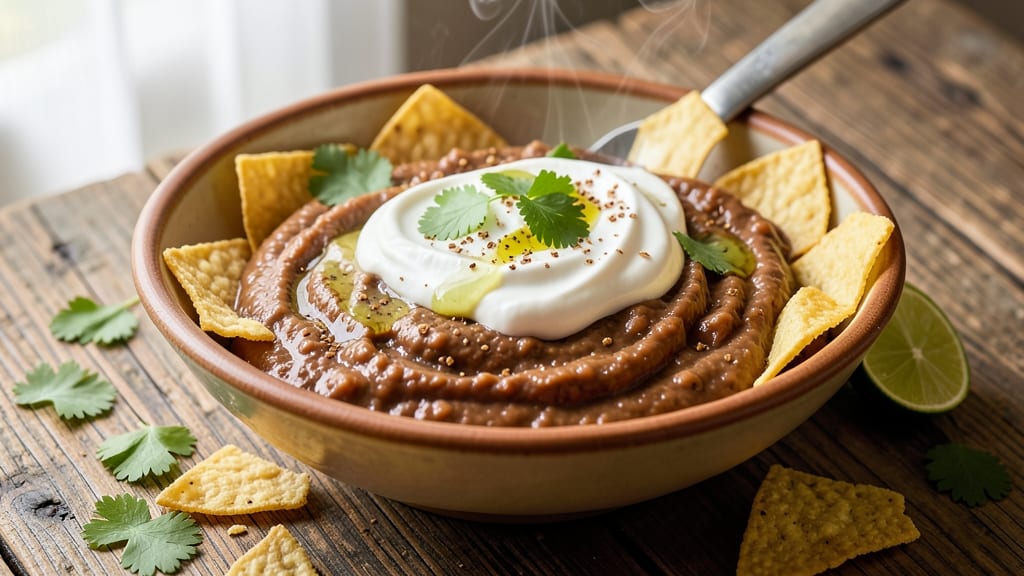 Bean Dip Copycat Recipe: Crunchy Tortilla Topping Over Creamy Cumin-Lime Base