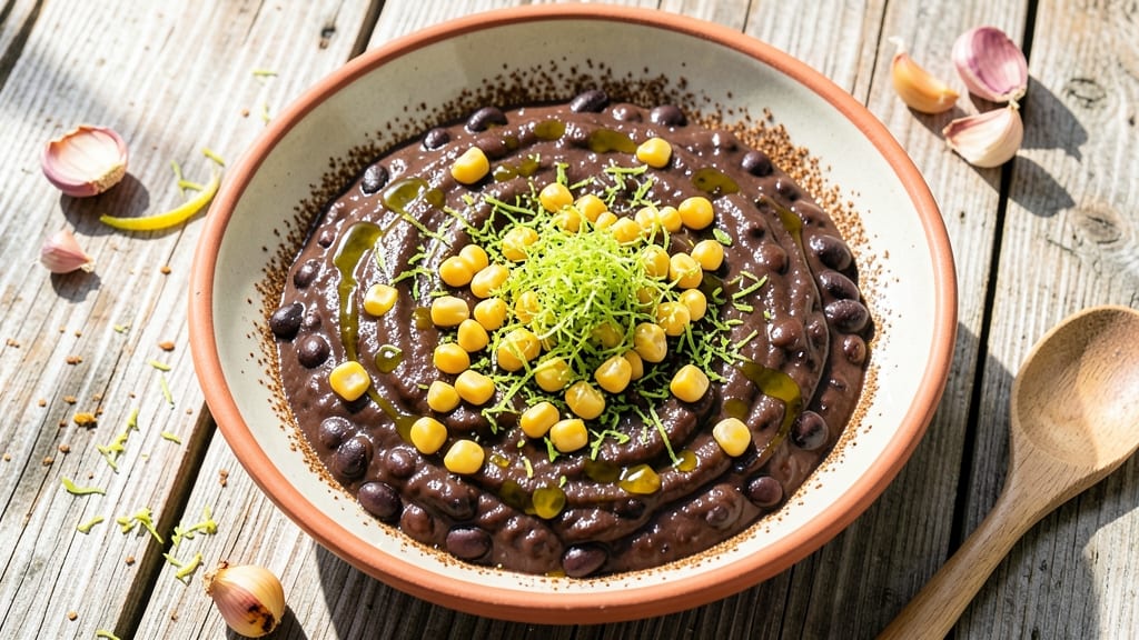 Black Bean and Shoepeg Corn Dip Recipe: Crunchy Tortilla Crowns Over Creamy Cumin-Lime Base
