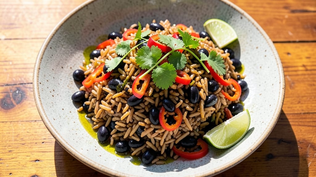 Brown Rice and Black Bean Salad Recipe: Crunchy Tortilla Topping with Lime-Cilantro Zing