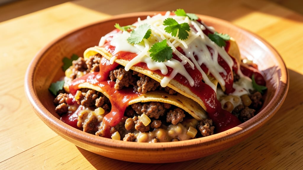 Beef and Refried Bean Enchiladas Recipe: Smoky Tortilla Crust Over Melty Cheese Layers