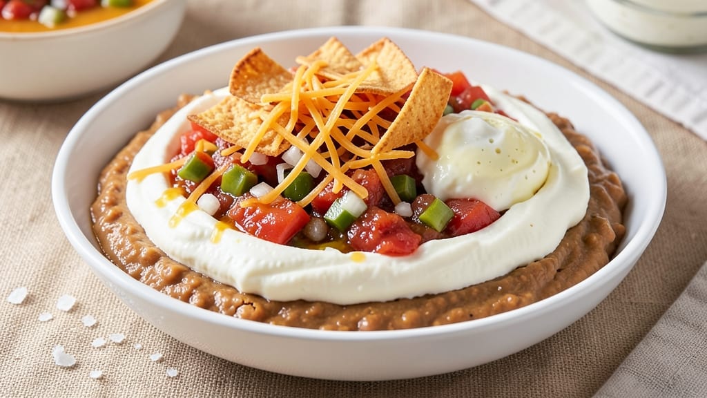 7 Layer Bean Dip Recipe With Cream Cheese: Crunchy Tortilla Crowns Over Velvety Layers