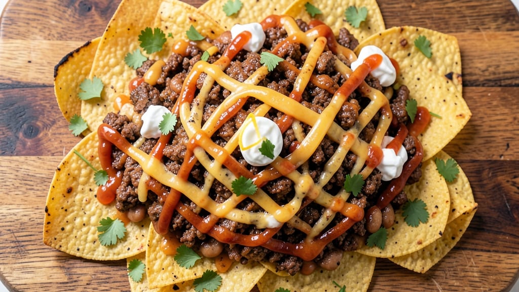 Beef Bean and Cheese Nachos Recipe: Crunchy Tortilla Crowns With Melty Cheese Rivers